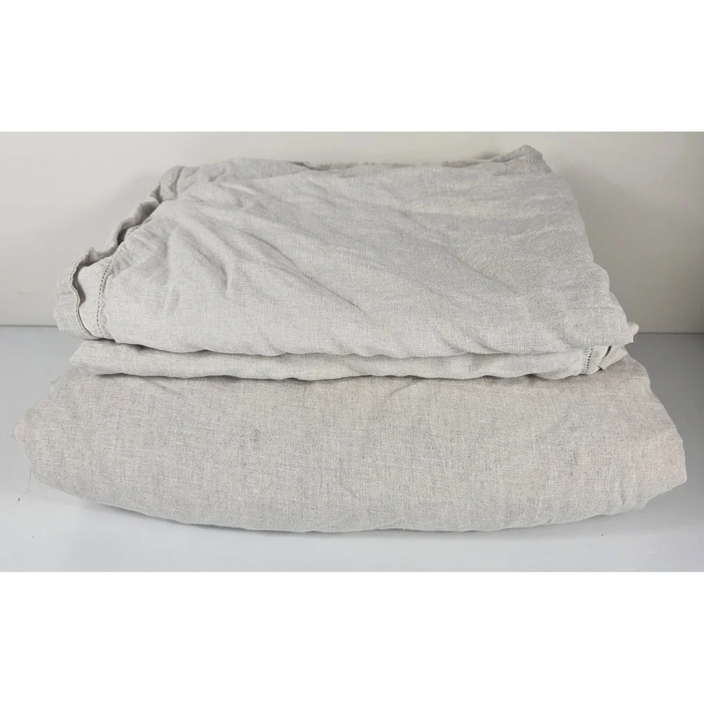 Pottery Barn Belgian Flax Linen F/Q Hemstitch Duvet Cover Shams Soft Gray 88x92